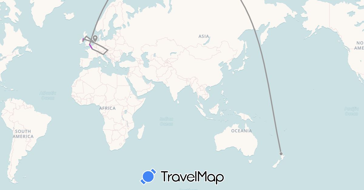 TravelMap itinerary: plane, train in Austria, France, United Kingdom, Ireland, Italy, Netherlands, New Zealand (Europe, Oceania)